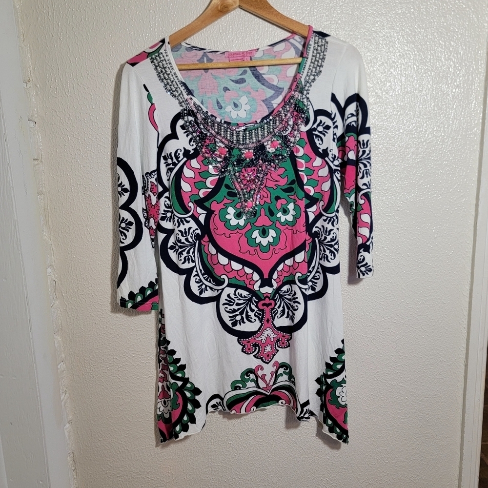 Joyous and Free Rhinestone Embellished Asymmetrical Tunic Top Damask Print sz L
